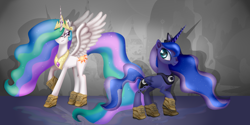 Size: 2500x1250 | Tagged: safe, artist:kirajoleen, character:princess celestia, character:princess luna, species:alicorn, species:pony, clothing, duo, duo female, female, mare, shoes, sisters