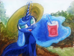 Size: 3008x2288 | Tagged: safe, artist:porkchopsammie, character:princess luna, clothing, drink, female, happy, hat, magic, solo, sun hat, telekinesis, traditional art