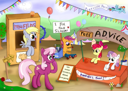 Size: 1160x820 | Tagged: safe, artist:milanoss, character:apple bloom, character:cheerilee, character:derpy hooves, character:rainbow dash, character:scootaloo, character:sweetie belle, species:earth pony, species:pegasus, species:pony, species:unicorn, apple, balloon, crosscut saw, cutie mark crusaders, fair, female, filly, food, hammer, mare, saw, scooter, tools
