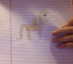Size: 377x327 | Tagged: safe, artist:gracie_cleopatra, oc, oc only, oc:neon music, ponysona, blurry, drawing, lined paper, photo, picture taken with a potato, quality, stylistic suck, traditional art