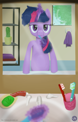 Size: 2560x4000 | Tagged: safe, artist:misterjuly, character:twilight sparkle, species:pony, bathroom, bipedal, brushing teeth, cactus, female, female pov, morning ponies, pov, solo