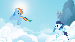 Size: 1191x670 | Tagged: safe, artist:dlazerous, character:rainbow dash, character:soarin', ship:soarindash, cloud, cloudy, female, male, old cutie mark, shipping, straight