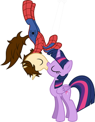 Size: 7500x9629 | Tagged: safe, artist:mactavish1996, artist:zoevulpez, character:twilight sparkle, character:twilight sparkle (alicorn), species:alicorn, species:pony, absurd resolution, crossover, crossover shipping, female, kissing, mare, marvel, peter parker, shipping, spider-man, spiders and magic: rise of spider-mane, spidertwi, upside down kiss