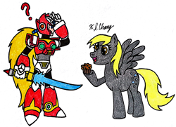 Size: 930x672 | Tagged: safe, artist:stealthninja5, character:derpy hooves, species:pegasus, species:pony, capcom, confused, crossover, female, mare, megaman x, muffin, traditional art, zero