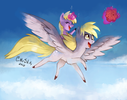 Size: 1286x1010 | Tagged: safe, artist:cuteskitty, character:derpy hooves, character:dinky hooves, species:pegasus, species:pony, cloud, cloudy, duo, eyes closed, female, flying, magic, mare, mother and daughter, muffin, ponies riding ponies, riding, sky, telekinesis
