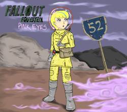 Size: 900x800 | Tagged: safe, artist:glue123, oc, oc only, oc:puppysmiles, fallout equestria, crossover, fallout equestria: pink eyes, fanfic, fanfic art, female, hazmat suit, humanized, pink cloud (fo:e), rock, rock of destiny, route 52, solo, text, wasteland