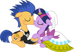 Size: 8539x6000 | Tagged: safe, artist:mactavish1996, artist:zoevulpez, character:flash sentry, character:twilight sparkle, character:twilight sparkle (alicorn), species:alicorn, species:pony, ship:flashlight, absurd resolution, backwards cutie mark, blushing, clothing, female, horn ring, kissing, male, mare, ring, shipping, simple background, straight, transparent background, tuxedo, vector, wedding, wedding ring, wing ring