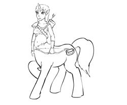 Size: 850x700 | Tagged: safe, artist:glue123, oc, oc only, oc:littlepip, species:centaur, species:pony, species:unicorn, fallout equestria, belly button, black and white, bow, clothing, cutie mark, fanfic, fanfic art, female, grayscale, hooves, horn, lineart, monochrome, pipbuck, simple background, solo, vault suit, white background