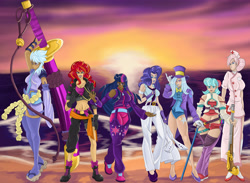 Size: 4500x3300 | Tagged: safe, artist:sonson-sensei, character:cloudchaser, character:coco pommel, character:nurse redheart, character:rarity, character:sunset shimmer, character:trixie, character:twilight sparkle, species:human, belly button, geta, gun, humanized, leotard, midriff, ocean, one piece, rifle, sandals, sword, weapon
