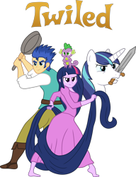 Size: 6000x7808 | Tagged: safe, artist:steghost, character:flash sentry, character:shining armor, character:spike, character:twilight sparkle, my little pony:equestria girls, absurd resolution, barefoot, chameleon, crossover, disney, feet, frying pan, impossibly long hair, long hair, mouth hold, pan, simple background, smiling, smirk, species swap, sword, tangled (disney), transparent background, vector, weapon