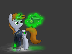 Size: 1600x1200 | Tagged: safe, artist:flufgun, oc, oc only, oc:littlepip, species:pony, species:unicorn, fallout equestria, clothing, cutie mark, fanfic, fanfic art, female, glowing horn, gray background, gun, handgun, hooves, horn, levitation, little macintosh, magic, mare, optical sight, pipbuck, revolver, simple background, solo, telekinesis, vault suit, weapon