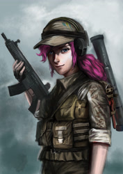 Size: 3000x4242 | Tagged: safe, artist:tiger-type, character:pinkie pie, species:human, at4, battlefield 4, female, gun, headset, heckler and koch, hk416, humanized, military, military uniform, picatinny rail, rifle, rocket launcher, solo, tangodown