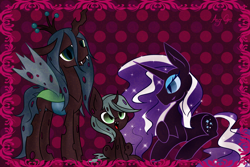 Size: 1500x1000 | Tagged: safe, artist:anggrc, character:nightmare rarity, character:queen chrysalis, character:rarity, oc, ship:nightmare rarilis, abstract background, commission, couple, female, implied shipping, lesbian, nymph, shipping