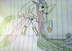 Size: 578x412 | Tagged: safe, artist:gracie_cleopatra, oc, oc only, oc:princess flower note, species:alicorn, species:pony, alicorn oc, crown, cute, lined paper, music notes, other dimension, princess, sandals, solo, traditional art