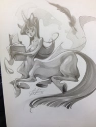 Size: 960x1280 | Tagged: safe, artist:fleebites, character:twilight sparkle, species:centaur, book, breasts, eyes closed, featureless breasts, female, grayscale, irl, magic, monochrome, photo, prone, quill, scroll, solo, topless, traditional art