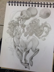 Size: 960x1280 | Tagged: safe, artist:fleebites, character:pinkie pie, species:centaur, balloon, centaurified, eyes closed, grayscale, irl, monochrome, photo, sketchbook, solo, topless, traditional art
