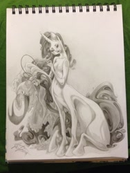 Size: 960x1280 | Tagged: safe, artist:fleebites, character:rarity, species:centaur, blank flank, breasts, eyes closed, fabric, featureless breasts, female, grayscale, irl, monochrome, mouth hold, photo, pins, sewing, sketchbook, solo, topless, traditional art, working