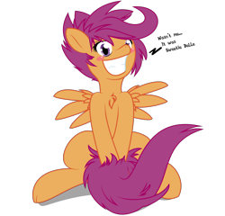 Size: 3628x3482 | Tagged: safe, artist:knifeh, artist:tyler611, character:scootaloo, blushing, chest fluff, covering, dialogue, female, purple eyes, purple mane, simple background, smiling, solo, spread wings, tail covering, transparent background, wingboner, wings