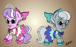 Size: 2067x1299 | Tagged: safe, artist:arcum42, artist:rhythm-is-best-pony, character:diamond tiara, character:silver spoon, species:earth pony, species:pony, episode:flight to the finish, g4, my little pony: friendship is magic, adorabullies, bow, clothing, colored, cute, diamondbetes, dress, glasses, ribbon, silverbetes, tiara