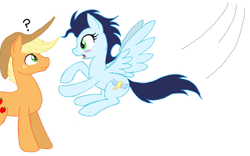 Size: 840x524 | Tagged: safe, artist:kasun05, character:applejack, character:soarin', ship:soarinjack, applejack (male), blushing, crash into hello, female, flying, frown, glide, male, old cutie mark, open mouth, question mark, rule 63, shipping, simple background, spread wings, straight, wide eyes, wings
