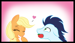 Size: 1813x1047 | Tagged: safe, artist:kasun05, character:applejack, character:soarin', ship:soarinjack, apple, cute, eyes closed, female, hatless, heart, jackabetes, male, missing accessory, mouth hold, shipping, silly, straight