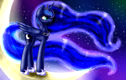 Size: 2000x1273 | Tagged: safe, artist:artyjoyful, character:princess luna, crescent moon, female, moon, solo, space, stars, tangible heavenly object