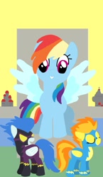 Size: 825x1425 | Tagged: safe, artist:poisonedpirate, character:rainbow dash, character:spitfire, species:pegasus, species:pony, clothing, costume, eyes closed, female, grin, hooves, lineless, mare, open mouth, shadowbolts, shadowbolts costume, smiling, spread wings, tarot card, wings, wonderbolts