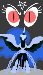 Size: 825x1425 | Tagged: safe, artist:poisonedpirate, character:nightmare moon, character:princess luna, species:alicorn, species:pony, armor, chains, female, hooves, horn, lineless, looking at you, mare, minimalist, solo, spread wings, tarot card, wings