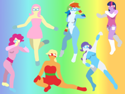 Size: 1024x768 | Tagged: safe, artist:poisonedpirate, character:applejack, character:fluttershy, character:pinkie pie, character:rainbow dash, character:rarity, character:twilight sparkle, species:human, female, gradient background, humanized, lineless, mane six, rainbow background, superhero