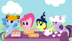 Size: 1024x576 | Tagged: dead source, safe, artist:poisonedpirate, character:pinkie pie, character:rainbow dash, character:twilight sparkle, oc, species:earth pony, species:pegasus, species:pony, species:unicorn, cake, clothing, cloud, cutie mark, female, food, hat, hooves, horn, lineless, mare, open mouth, sandwich, spread wings, teapot, wings