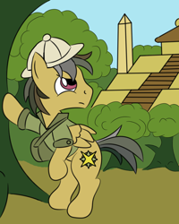 Size: 1600x2000 | Tagged: safe, artist:wolferahm, character:daring do, species:pegasus, species:pony, bipedal, clothing, dashing do, fortress of talacon, hat, jungle, male, rule 63, solo, stallion, tree