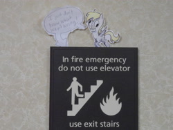 Size: 4320x3240 | Tagged: safe, artist:crackle486, character:derpy hooves, species:pegasus, species:pony, bronycon, dialogue, envelope, female, fire, i just don't know what went wrong, letter, mail, mare, mouth hold, paper child, photo, sign, speech bubble, stairs, traditional art