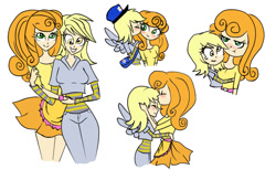Size: 653x426 | Tagged: safe, artist:tinacrazy29, character:carrot top, character:derpy hooves, character:golden harvest, species:human, ship:derpytop, apron, blushing, clothing, cuddling, female, hug, humanized, kissing, lesbian, shipping, snuggling, winged humanization