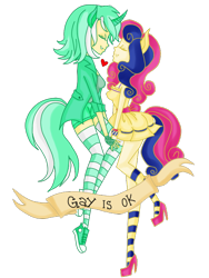 Size: 480x640 | Tagged: safe, artist:tinacrazy29, character:bon bon, character:lyra heartstrings, character:sweetie drops, species:human, ship:lyrabon, clothing, eared humanization, female, feminist ponies, heart, holding hands, horned humanization, humanized, lesbian, mouthpiece, positive ponies, shipping, socks, striped socks, subversive kawaii, tailed humanization, thigh highs