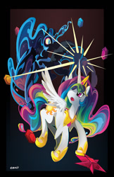 Size: 761x1176 | Tagged: safe, artist:cenit-v, character:nightmare moon, character:princess celestia, character:princess luna, species:alicorn, species:pony, elements of harmony, eye contact, rupee