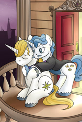 Size: 1280x1920 | Tagged: safe, artist:writtenwaiver, character:fancypants, character:prince blueblood, ship:fancyblood, balcony, eyes closed, gay, hoof hold, hug, hug from behind, male, shipping