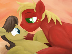 Size: 1280x960 | Tagged: safe, artist:writtenwaiver, character:big mcintosh, character:caramel, species:earth pony, species:pony, ship:caramac, gay, kissing, male, shipping, stallion