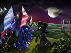 Size: 1600x1200 | Tagged: safe, artist:nalesia, character:king sombra, character:princess luna, ship:lumbra, blushing, crystal, fanfic art, fanfic cover, female, magic, male, raised hoof, shipping, shooting star, sitting, straight