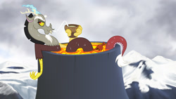 Size: 1920x1080 | Tagged: safe, artist:icelion87, character:discord, bath, drink, hot sauce, lava, lava bathing, male, solo, stupid sexy discord, volcano