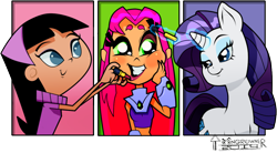 Size: 1080x595 | Tagged: safe, artist:toongrowner, character:rarity, lipstick, makeover, midriff, starfire, teen titans go, the fairly oddparents, trixie tang