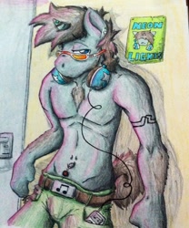 Size: 1024x1233 | Tagged: safe, artist:spark-theory, character:neon lights, character:rising star, species:anthro, species:pony, species:unicorn, bare chest, belly button, bellyring, chest fluff, clothing, earring, headphones, ipod, partial nudity, poster, solo, sunglasses, tattoo, topless