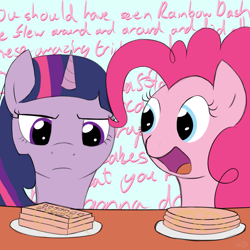Size: 1024x1024 | Tagged: safe, artist:pexpy, character:pinkie pie, character:twilight sparkle, twilight is not amused, unamused