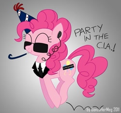 Size: 815x763 | Tagged: safe, artist:gonzahermeg, character:pinkie pie, censored cutie mark, cia, classified, clothing, earbuds, eyes closed, female, hat, party hat, party horn, party in the cia, pronking, smiling, solo, suit, sunglasses, weird al yankovic