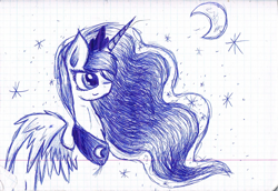 Size: 1642x1132 | Tagged: safe, artist:skajcia, character:princess luna, species:alicorn, species:pony, female, monochrome, moon, smiling, solo, spread wings, stars, traditional art, wings