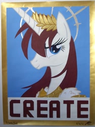 Size: 2112x2816 | Tagged: safe, artist:iceroadlion, oc, oc only, oc:fausticorn, species:alicorn, species:pony, create, god empress of ponykind, high res, hope poster, laurel wreath, lauren faust, painting, poster, shepard fairey