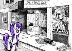 Size: 4895x3490 | Tagged: safe, artist:smellslikebeer, character:rarity, abandoned, black and white, bygone civilization, cinema, crosshatch, david bowie, earth, grayscale, ink, looking at something, monochrome, neo noir, partial color, traditional art, urban, wet, wet mane, wet mane rarity