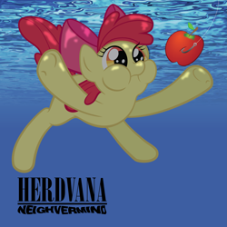 Size: 3845x3845 | Tagged: safe, artist:qtmarx, character:apple bloom, species:earth pony, species:pony, g4, album cover, apple, female, filly, nevermind, nirvana, parody, puffy cheeks, solo, text, underwater