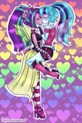 Size: 437x660 | Tagged: safe, artist:tinacrazy29, character:aria blaze, character:sonata dusk, ship:arisona, equestria girls:rainbow rocks, g4, my little pony: equestria girls, my little pony:equestria girls, alternate costumes, clothing, cute, female, glasses, heart, holding, kissing, lesbian, shipping, wings