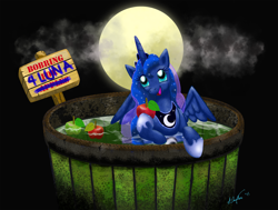 Size: 2862x2160 | Tagged: safe, artist:a8702131, character:princess luna, apple, apple bobbing, female, high res, nightmare night, solo