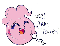 Size: 407x312 | Tagged: safe, artist:toongrowner, character:pinkie pie, an egg being attacked by sperm, colored, egg cell, eyes closed, implied sex, impregnation, open mouth, personified egg cell, smiling, spermatozoon, tickling, wat